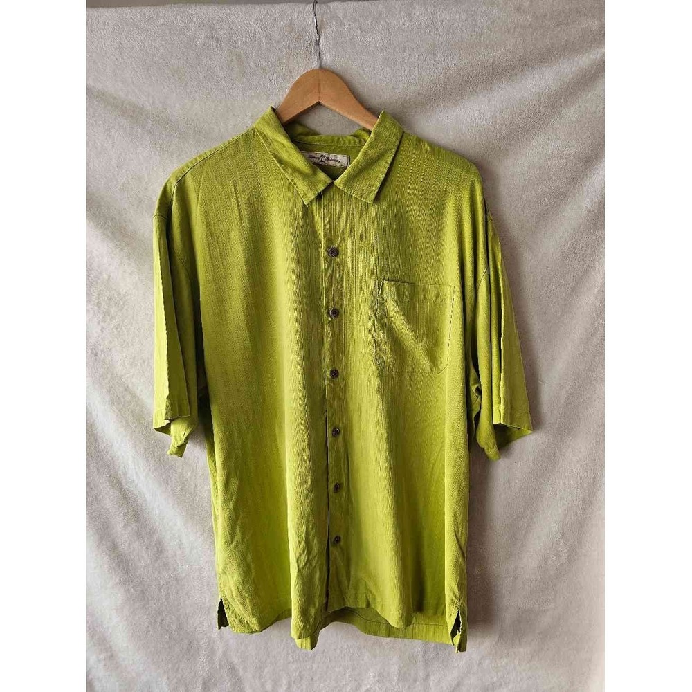 Tommy Bahama Mens XL Green 100% Silk Short Sleeve Shirt Botton Down Shirt